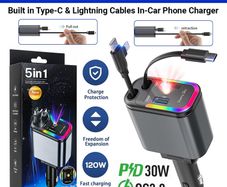5 In 1 120w Super Fast Car Charger With Built In Type C And Lightning Cables