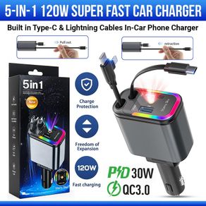 5 In 1 120w Super Fast Car Charger With Built In Type C And Lightning Cables