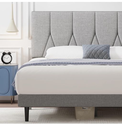 Double Bed Frame, Light Grey, Upholstered Wooden Slat Bed Frame with Headboard