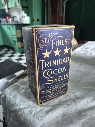 Antique Vintage Trindad cocoa shells cardboard packaging with product
