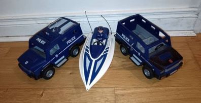 Police jeep and boat kids toy Playmobil 2 fourgon + bateau kids toys .chair. everything in photos