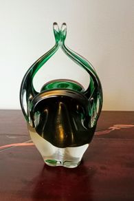 Vintage Green Art Glass Basket Vase by Josef Hospodka. Chribska Glassworks.
