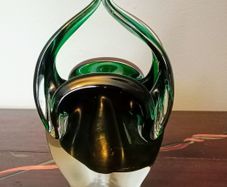 Vintage Green Art Glass Basket Vase by Josef Hospodka. Chribska Glassworks.