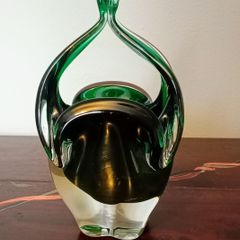 Vintage Green Art Glass Basket Vase by Josef Hospodka. Chribska Glassworks.