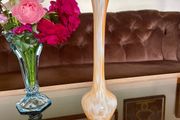 Mid Century Italian or Murano style Tall Swirl Pattern Orange and White Bud Vase 31 cm