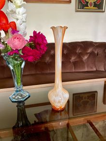Mid Century Italian or Murano style Tall Swirl Pattern Orange and White Bud Vase 31 cm