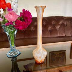 Mid Century Italian or Murano style Tall Swirl Pattern Orange and White Bud Vase 31 cm