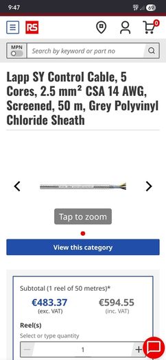 Lapp SY Control Cable, 5 Cores, 2.5 mm CSA 14 AWG, Screened, 50 m, Grey Polyvinyl Chloride Sheath
