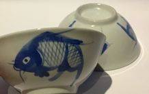 Vintage Chinese Hand painted - Koi Carp Fish Rice Bowls (2)