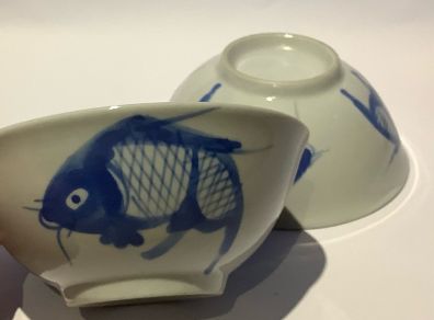 Vintage Chinese Hand painted - Koi Carp Fish Rice Bowls (2)