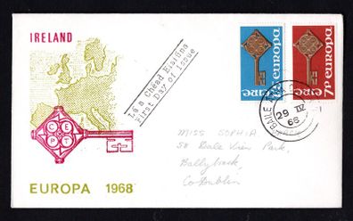 1968 Ireland Europa (CEPT) Commemorative Stamp First Day Cover  showing map of Europe (FDC) with Baile Atha Cliath (Dublin) steele cancel