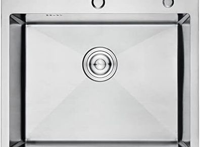 Topmount Kitchen Utility Sink, 55 x 45cm, Stainless Steel Kitchen Sink Drop in, Single Bowl Outdoor Campervan Composite Sink with Drain Fittings, Soap Disp. Hole, Silver