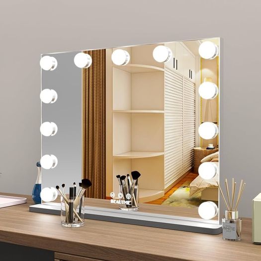 Makeup Mirror with LED Lights,Hollywood Vanity Mirror with 13 Bulbs,3 Color Modes, Touch Screen Control, Hollywood Mirror,Light up Mirror For Bedroom(52x41CM,Silver)