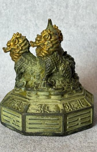 Vintage Feng Shui Triple Qilin Sculpture - Patinated Bronze, Signed