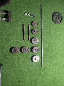 Bar, dumbbell grips and plates