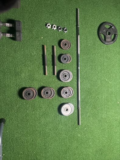 Bar, dumbbell grips and plates