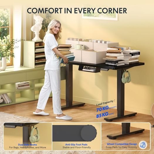 Electric Height Adjustable Standing Desk 120 x 60cm Sit Stand Up with Backpack Hook Memory Smart Pannel EF1 Series(Black Frame+Black Desktop)