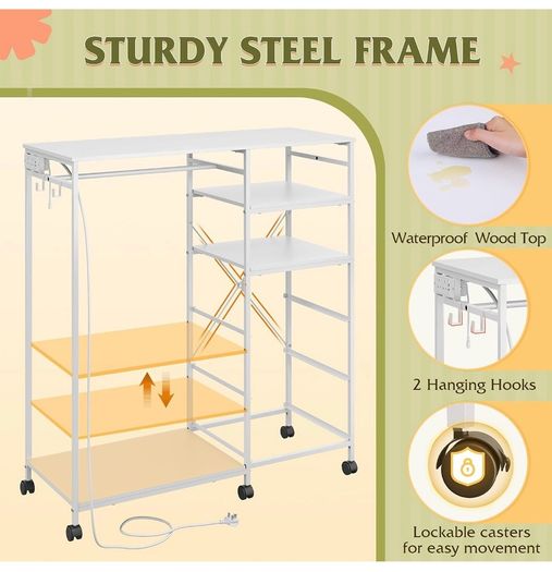 White Chest of Drawers with LED & Charger, Fabric Open Wardrobe 3 Large Drawers & Reversible Coat Hanging Rod &3 Open Shelves & Side Hooks, Lockable Wheels, Height-adjustable Base Shelf