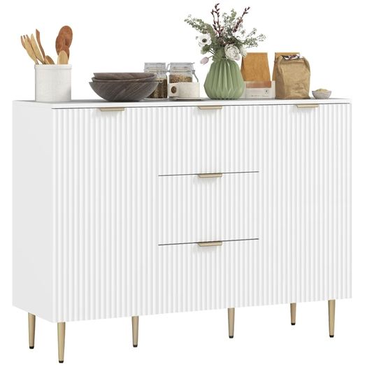 2-Door Sideboard with 3 Drawers and Adjustable Shelves - White