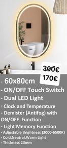 LED Bathroom Mirror Dual LED Time Temperature Demister Makeup
