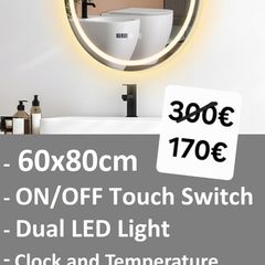 LED Bathroom Mirror Dual LED Time Temperature Demister Makeup