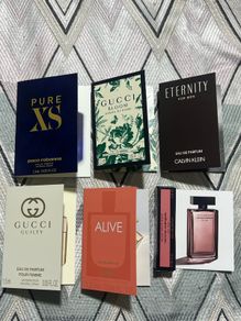 Selection of luxury perfume samples, paco rabanne pure XS, Gucci guilty, Gucci bloom, Calvin Klein eternity, boss alive, narciso Rodriguez new