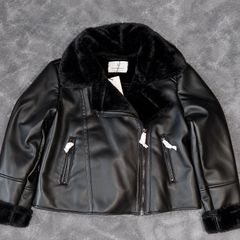 Stradivarius Black Faux Leather Moto Aviator Jacket Size M New with Tags