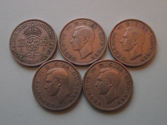 Great Britain. George VI. 5 Florins. Run of the years (1947-1951)