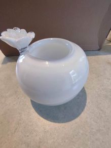 Vase Murano Glass Style Small Round White With Flower Attached 5.5 HX5 W INCHES.
