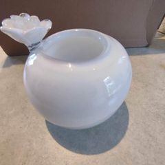 Vase Murano Glass Style Small Round White With Flower Attached 5.5 HX5 W INCHES.