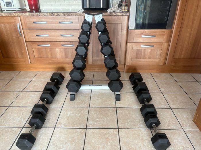 Rubber Hex Dumbbell Set + Upright Dumbbell Storage Rack