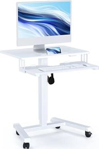 65 by 45cm Mobile Computer Workstation, Height Adjustable Laptop Stand 72 by 112cm, Portable Desk on Wheels, Compact White Study Desk, Movable Side Table, Small Standing Desk, Office Workstation