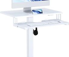 65 by 45cm Mobile Computer Workstation, Height Adjustable Laptop Stand 72 by 112cm, Portable Desk on Wheels, Compact White Study Desk, Movable Side Table, Small Standing Desk, Office Workstation