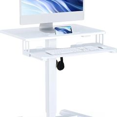 65 by 45cm Mobile Computer Workstation, Height Adjustable Laptop Stand 72 by 112cm, Portable Desk on Wheels, Compact White Study Desk, Movable Side Table, Small Standing Desk, Office Workstation