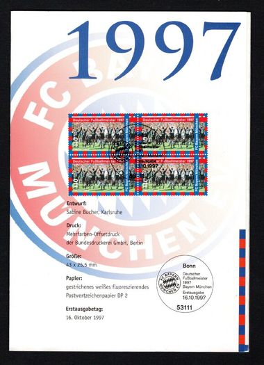 1997 Germany The German Soccer Champion FC Bayern Munchen Stamp Presentation Pack