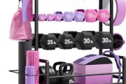 Home Gym Equipment Weight Rack, 3-Tier Storage Stand for Dumbbells &amp; Kettlebells, Medicine Ball Holder, 272 kg Steel Organizer with Yoga Mat Basket, Hooks &amp; Adjustable Feet, 60 by 40 cm