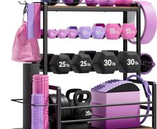 Home Gym Equipment Weight Rack, 3-Tier Storage Stand for Dumbbells & Kettlebells, Medicine Ball Holder, 272 kg Steel Organizer with Yoga Mat Basket, Hooks & Adjustable Feet, 60 by 40 cm