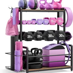 Home Gym Equipment Weight Rack, 3-Tier Storage Stand for Dumbbells & Kettlebells, Medicine Ball Holder, 272 kg Steel Organizer with Yoga Mat Basket, Hooks & Adjustable Feet, 60 by 40 cm