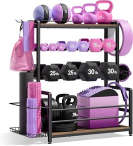 Home Gym Equipment Weight Rack, 3-Tier Storage Stand for Dumbbells & Kettlebells, Medicine Ball Holder, 272 kg Steel Organizer with Yoga Mat Basket, Hooks & Adjustable Feet, 60 by 40 cm