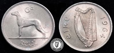 [#2405] - Ireland 1964 | Irish 6p | 6 Pence | Wolfhound | KM.13a | MS
