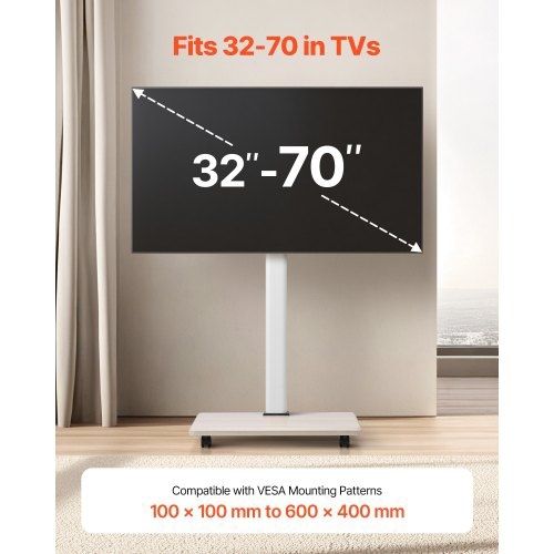 Rolling TV Stand, Mobile TV Cart for 32-70 Inch Screens, 25 Left-Right Rotation and Height Adjustable TV Mount on Wheels, Holds up to 99 lbs for Corner, Bedroom, Outdoor, Max VESA 600x400mm
