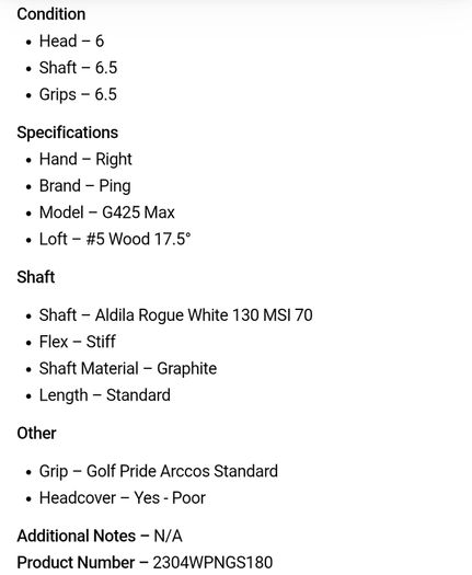 Ping G425 Max #5 Wood 17.5 Degree / Aldila Rogue White 130 MSI 70 Stiff