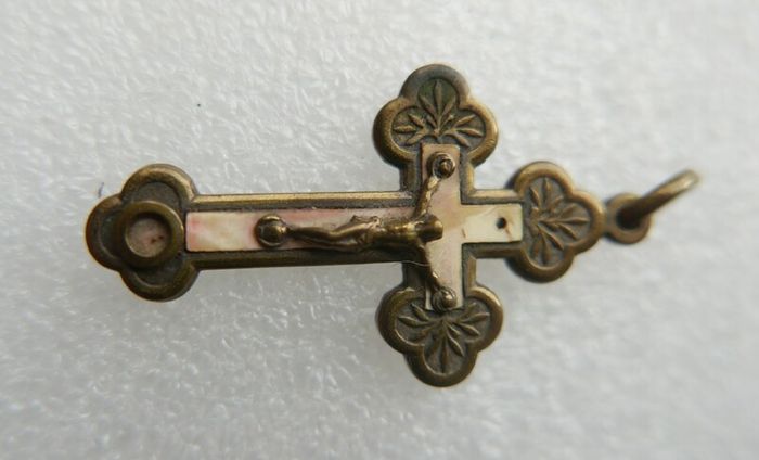 Antique Crucifix Reliquary Pendant Brass and Mother of Pearl Crucifix Pendant