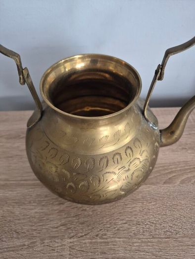 Vintage Etched Brass Teapot with Wooden Handle, Decorative Gold Teapot