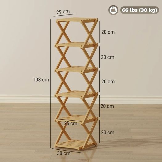 foldable 6-tier shoe stand made of bamboo, for max. 9 pairs of shoes, 30 x 29 x 108 cm, Natural