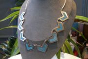 Vintage Mexican Silver &amp; Turquoise Chevron Statement Necklace, 35.5g