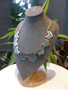 Vintage Mexican Silver & Turquoise Chevron Statement Necklace, 35.5g
