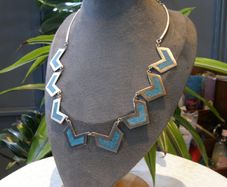Vintage Mexican Silver & Turquoise Chevron Statement Necklace, 35.5g