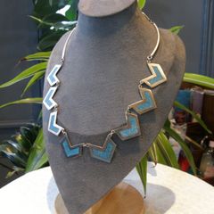 Vintage Mexican Silver & Turquoise Chevron Statement Necklace, 35.5g