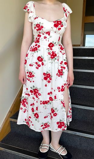 Hollister White & Red Floral Midi Dress With Lace-Up Back And Slit - Size S/8